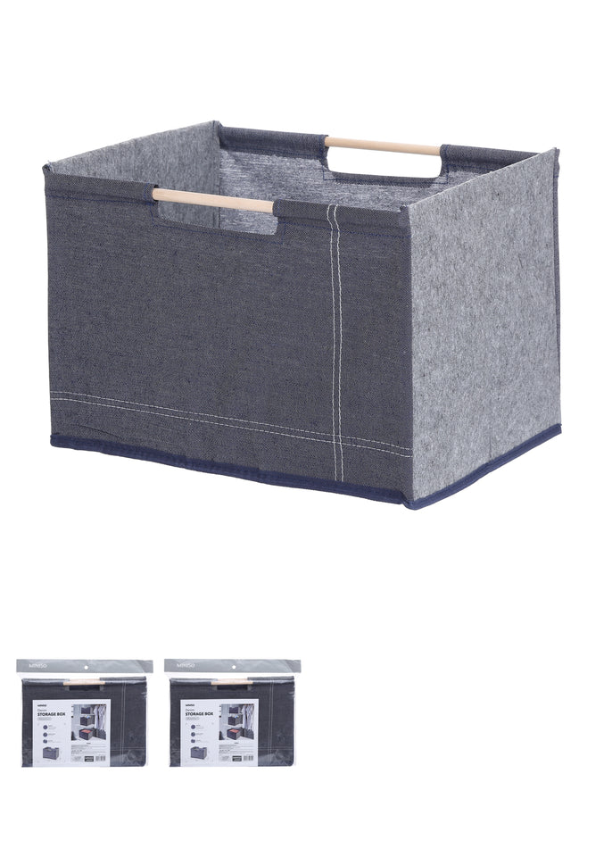 Denim Storage Box with Wooden Handle(Dark Blue)