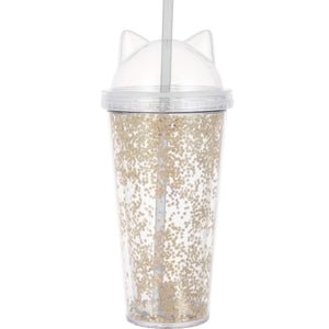 Cat Ears Glittery Tumbler with Straw 420ml (Gold)
